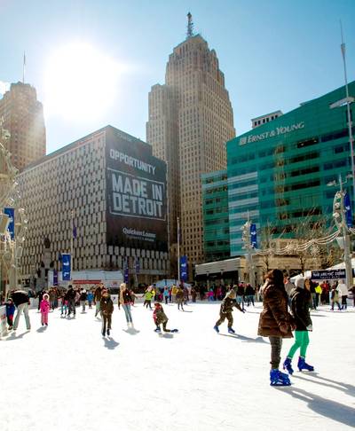A Skating Rink Tied to Revitalization - Campus Martius Park is a refurbished area that anchors a two-square block district that is the commercial center and heart of downtown Detroit. It includes two stages, sculptures, public spaces and an ice skating rink.&nbsp;(Photo: John Collins/Chasephotog)&nbsp;