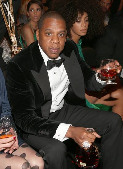 Jay-Z making fun of the Dream's &quot;parental advisory&quot; skullcap at the Grammys:&nbsp; - &quot;I'd like to thank the swap meet for his hat.”  &nbsp;(Photo: Christopher Polk/Getty Images for NARAS)