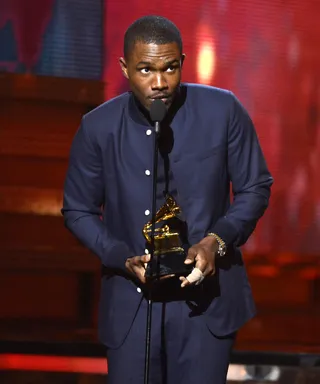 Frank Ocean accepting his Grammy for best urban contemporary album:&nbsp; - “The way you disarm an audience is by imagining them naked. But I don’t want to do that.”  (Photo: Kevork Djansezian/Getty Images)