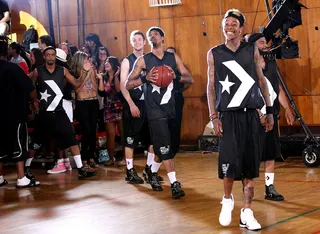 Baaallin' - Wiz Khalifa and his Taylor Gang basketball team at the MTV2 Presents: Converse Band of Ballers 3-on-3 celebrity basketball tournament at St. George’s Middle School in New York City.(Photo by Ben Hider/PictureGroup)