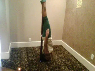 Diamond - Diamond uses all the support she can get while planking upside down. (Photo: Twitpic)
