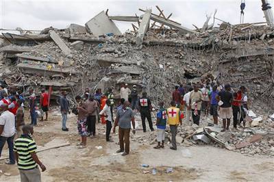 45 Dead After Nigeria Building Collapse - A building collapse at the campus of T.B. Joshua’s Synagogue Church of All Nations in Lagos, Nigeria, left 45 people dead Friday. The preacher said that the shopping mall and guesthouse were attacked by Islamic extremists who may have flew over the campus and dropped a “chemical substance.” A total of 134 people survived the collapse.(Photo: AP Photo/Sunday Alamba, File)