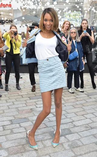 All Eyes on Me - Jourdan Dunn shows off her Moschino quilted bomber jacket and matching skirt&nbsp;at Somerset House during London Fashion Week. (Photo: Photobeat, PacificCoastNews)
