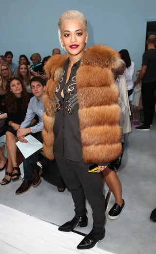 London Girl - Rita Ora shows off her fur while sitting front row at the Hunter Original show during the London Fashion Week for Spring/Summer 2015. (Photo: Stephen Lock / i-Images, PacificCoastNews)