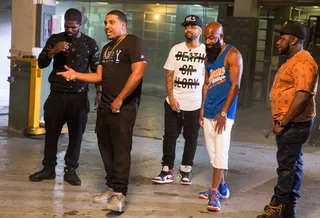 Meet the Emcees - Tsu Surf, T-Rex, Rain 910, Goodz, and Smack White prepare their bars for what will be an interesting cypher. Can they kick it? Yes they can.(Photo: Rebecca Smeyne / BET)