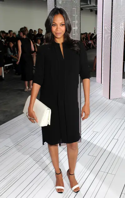Flawless - Actress Zoe Saldana&nbsp;wears pregnancy well in black and white at the Boss fashion show during Mercedes-Benz Fashion Week Spring 2015 in New York City. (Photo: Craig Barritt/Getty Images for Mercedes-Benz Fashion Week)