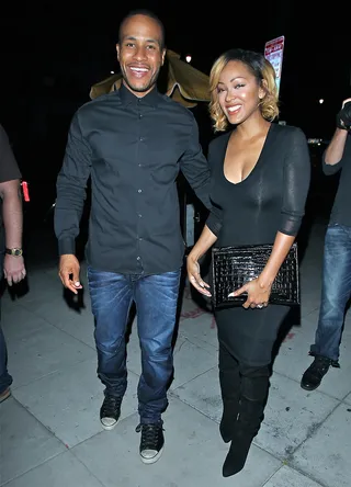 Coordinate - Megan Good and husband DeVon Franklin are all smiles in matching ensembles while out and about in Los Angeles. (Photo: RA, PacificCoastNews)