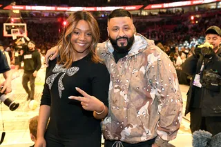 FEB 15:&nbsp;Tiffany Haddish and DJ Khaled&nbsp; - Tiffany Haddish and DJ Khaled at the 2020 State Farm All-Star Saturday Night. Tiffany wore a black Gucci sweater and Khalid wore a Louis Vuitton jacket. (Photo: Kevin Mazur/Getty Images)