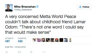 Metta World Peace via @Mike_Bresnahan  - Childhood friend and NBA teammate with the Los Angeles Lakers was simply left stunned by the news.(Photo: Mike Bresnahan via Twitter)