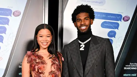 US actress Storm Reid and football quarterback Shedeur Sanders attend the Los Angeles premiere of "Missing" at the Alamo Drafthouse in Los Angeles, January 12, 2023. 
