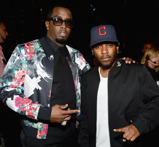 Generations of Hip Hop - Recording artist/entrepreneur Sean 'Diddy' Combs and Kendrick Lamar pose backstage at the iHeartRadio Music Awards held at the Shrine Auditorium in Los Angeles. (Photo: Alberto Rodriguez/NBC/NBCU Photo Bank)