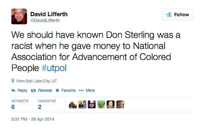 Flawed Logic - Utah state Rep. David Lifferth is in a bit of hot water for a controversial tweet about the NAACP. &quot;We should have known Don Sterling was a racist when he gave money to National Association for Advancement of Colored People,&quot; the legislator said in a post. He later apologized, writing in a blog post, &quot;I have learned a lot in the past few days. The NCAAP [sic] is not a racist organization. My logic was flawed.&quot; (Photo: David Lifferth via Twitter)