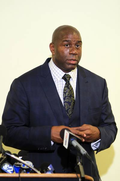 Magic Johnson on Donald Sterling being banned from the NBA for life:&nbsp; - &quot;It was a great day for the United States, a great day for the NBA, a great day for all people of all races, but especially African-Americans and Latinos, who he was speaking out against.&quot;&nbsp;  &nbsp;(Photo: Tasos Katopodis/Getty Images)