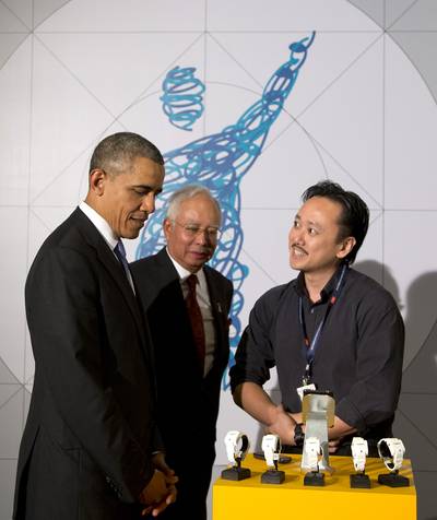 The Hypoband - While visiting the Malaysian Global Innovation and Creativity Centre, President Obama met with Geoffrey Tan, the inventor of the Hypoband. The device was designed for diabetic users to help them detect a cold sweat and warn others of the user's need for medical assistance.&nbsp;(Photo: AP Photo/Carolyn Kaster)