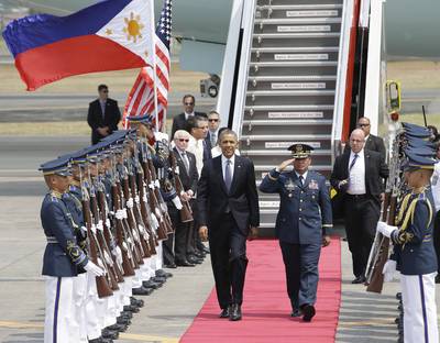 Philippines: The Final Destination - President Obama landed in the Philippines, the final stop of his tour, on Monday, April 28. This is the president's first time in the&nbsp;nation.(Photo: AP Photo/Bullit Marquez)