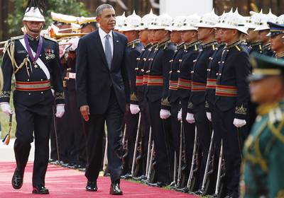 Standing at Attention - Before his bilateral meeting with Philippines President Benigno Aquino III, President&nbsp;Obama reviewed the honor guard at Malacanang Palace&nbsp;in Manila.(Photo: AP Photo/Charles Dharapak)