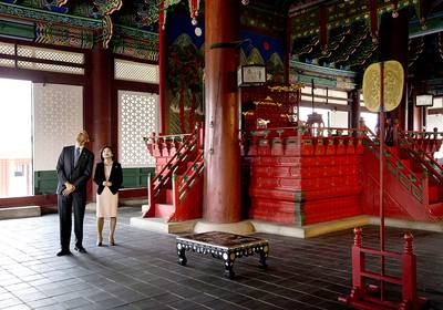 Gyeongbok Palace - Dr. Sangmee Park gave the president a tour of Seoul's Gyeongbok Palace. The royal palace was destroyed by Imperial Japan in the early 20th century and continues to undergo restoration.(Photo: Carolyn Kaster/AP Photo)
