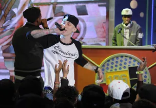 Yeah - Machine Gun Kelly performs "Wild Boy" at 106 &amp; Park, February 10, 2012. (Photo: John Ricard / BET)