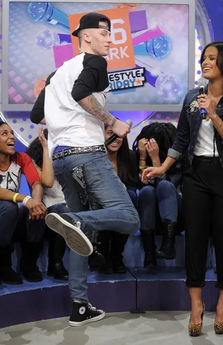 Here I Go - Machine Gun Kelly threatens to stage-dive into the audience at 106 &amp; Park, February 10, 2012. (Photo: John Ricard / BET)