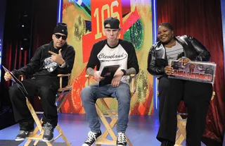 Here Come the Judges - Freestyle Friday judges French Montana, Machine Gun Kelly and Shelley Wade at 106 &amp; Park, February 10, 2012. (Photo: John Ricard / BET)