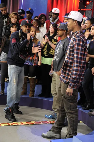 Cross the Line - Freestyle Friday challenger Rock Coogi TBG verbally attacks Spades at 106 &amp; Park, February 10, 2012. (Photo: John Ricard / BET)