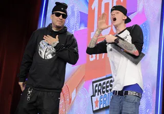 Yell Out - French Montana and Machine Gun Kelly call out to fans at 106 &amp; Park, February 10, 2012. (Photo: John Ricard / BET)