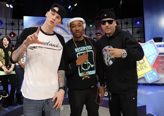 Ready to Go - French Montana and Machine Gun Kelly with DJ Strong at 106 &amp; Park, February 10, 2012. (Photo: John Ricard / BET)