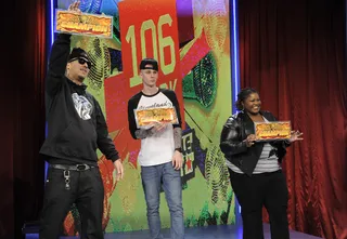 Salute - Freestyle Friday judges French Montana, Machine Gun Kelly and Shelley Wade decide in favor of champion Spades at 106 &amp; Park, February 10, 2012. (Photo: John Ricard / BET)
