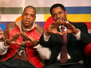 It's the Roc in the Building - Denzel Washington has visited 106 &amp; Park a few times, but one of the most memorable moments was with Jay-Z. The two luminaries threw up the Roc sign.&nbsp;(Photo: Johnny Nunez/WireImage)
