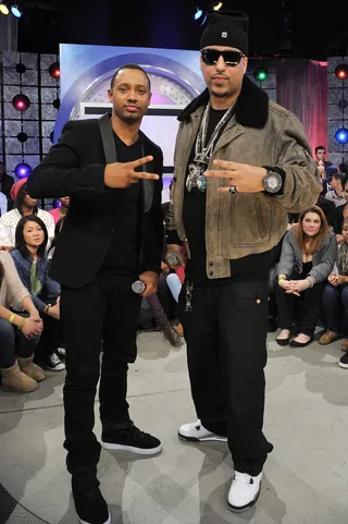 Deuces - French Montana and Terrence J at 106 &amp; Park, February 7, 2012. (Photo: John Ricard / BET)