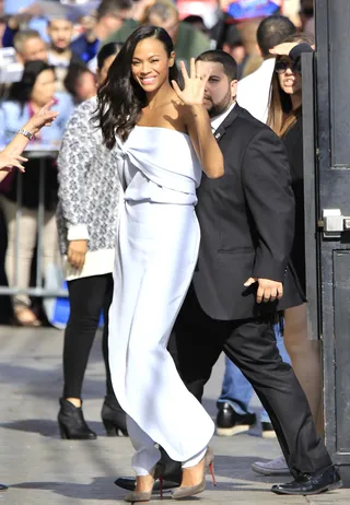Zoe Saldana - Zoe Saldana&nbsp;was all smiles as she arrived in Hollywood for her appearance on Jimmy Kimmel Live! with fellow members of Guardians of the Galaxy. (Photo: Cathy Gibson, PacificCoastNews)
