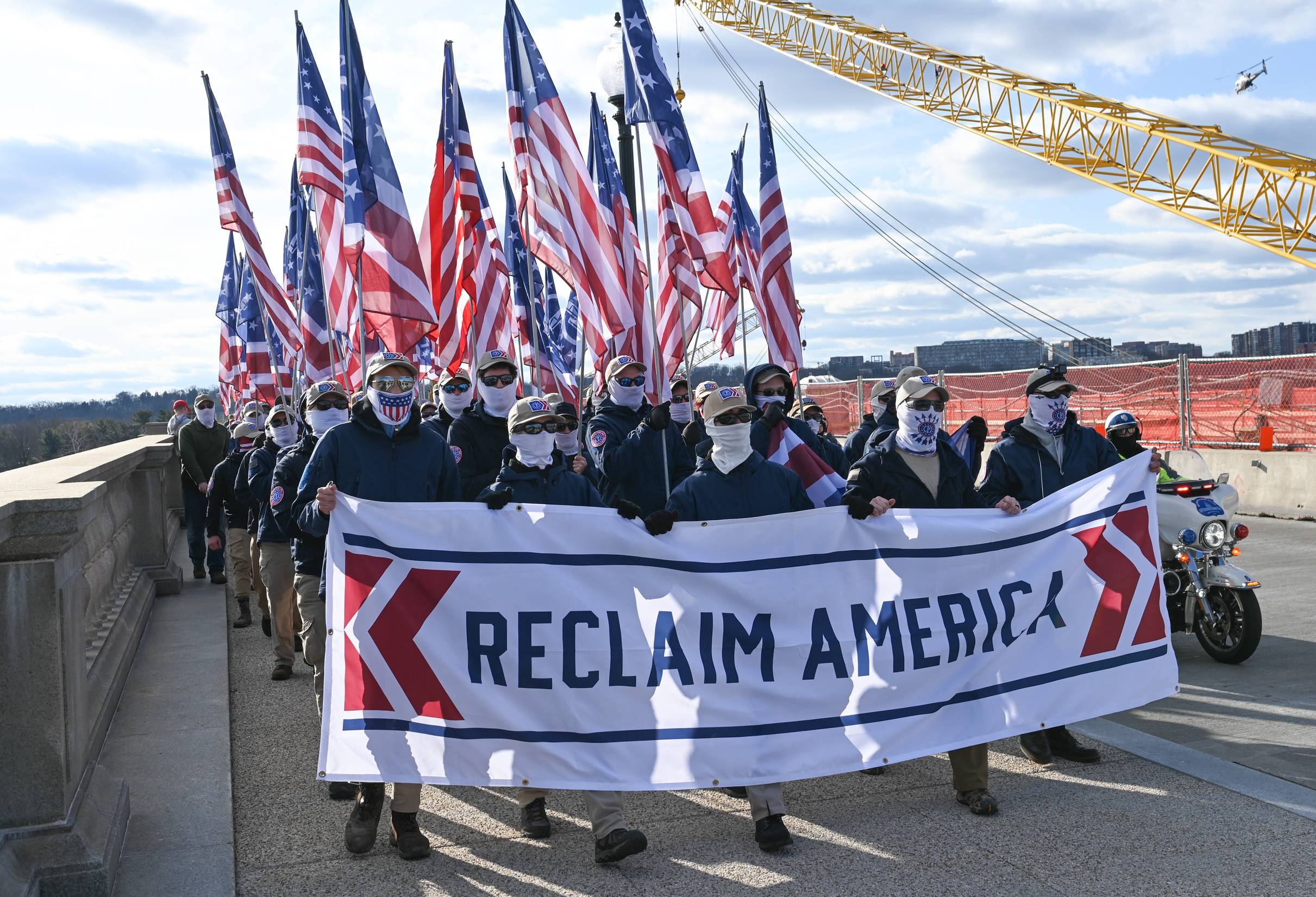 American Fascist Group Patriot Front Marches in Washington D.C. from the Lincoln Memorial to the US Capitol building for a private rally, escorted by DC Metro Police on February 8, 2020. (Photo by Zach D Roberts/NurPhoto via Getty Images)