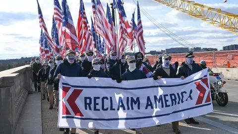 American Fascist Group Patriot Front Marches in Washington D.C. from the Lincoln Memorial to the US Capitol building for a private rally, escorted by DC Metro Police on February 8, 2020. (Photo by Zach D Roberts/NurPhoto via Getty Images)