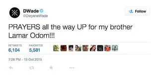 Dwyane Wade @DwyaneWade - Dwyane Wade was one of the first players to tweet about Lamar Odom upon finding out the news of his hospitalization.(Photo: Dwyane Wade via Twitter)