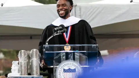 Actor and alumnus Chadwick Boseman delivers the keynote address at Howard University's commencement ceremony for the 2018 graduating class. Boseman received an honorary degree, Doctor of Humane Letters. The ceremony is held in the upper quadrangle of the main campus of Howard University, in Washington D.C. on Saturday, May 12, 2018. (Photo by Cheriss May) (Photo by Cheriss May/NurPhoto via Getty Images)