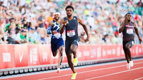 EUGENE, OREGON - JUNE 26:  	Noah Lyles competes in the Men's 200 Meters Semi-Final on day nine of the 2020 U.S. Olympic Track & Field Team Trials at Hayward Field on June 26, 2021 in Eugene, Oregon. (Photo by Steph Chambers/Getty Images)