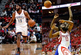 Go Harden the Paint  - James Harden is a mastermind on the court; the left handed PG makes players ease up with his swift strides and crafty finishing moves. He's not one that you want to step to!&nbsp; (Photos from left: Kevin C. Cox/Getty Images, Ronald Martinez/Getty Images)