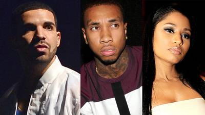 Tyga on not getting along with Drake or Nicki Minaj: - &quot;I don't really get along with Drake. I don't really get along with Nicki. I don't like Drake as a person. He's just fake to me.&quot;(Photos from left: Craig Barritt/Getty Images, Kevin Winter/Getty Image)
