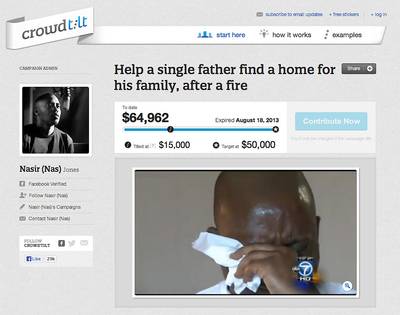 Nas Helps Single Father  - Rapper Nas launched a crowdfunding campaign in August 2013 with Crowd Tilt in honor of Stanley Young, a single father who lost his home in a fire. Nas? campaign exceeded its $50,000 goal, raising $64,962 for Young and his eight children.(Photo: Nas via Crowd Tilt)