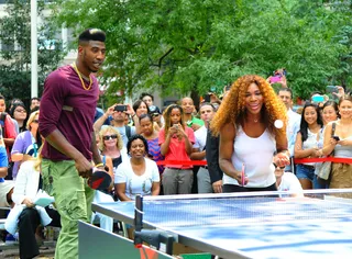 Ping, Pong - Serena Williams and New York Knicks point guard Iman Shumpert play table tennis in Madison Square Park in NYC.&nbsp;(Photo: JDH Images/Splash News)