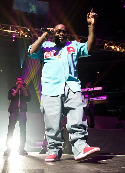 Bawsin' Up - Rick Ross makes a guest appearance during Meek Mill's performance at the 2013 Power 99FM Power House concert at Wells Fargo Center in Philadelphia, PA. (Photo:&nbsp;Gilbert Carrasquillo/Splash News)