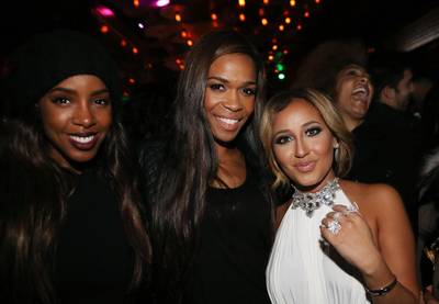 The Big 3-0 - Kelly Rowland and Michelle Williams of Destiny's Child pose for a photo with the birthday girl, Adrienne Bailon, at Studio XXI in New York City. (Photo: Johnny Nunez/WireImage)
