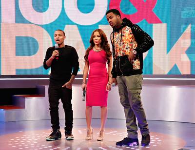 Next Up - Host Bow Wow tosses to the next vid while his co-host Keshia Chante and recording artist Sage the Gemini watch on.&nbsp;(Photo: Cindy Ord/BET/Getty Images for BET)
