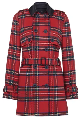 Plaid Belted Coat - We love how Rih jumps on this season’s plaid trend and she definitely scores points with the leather trim on the collar.  (Photo: River Island Winter Collection)