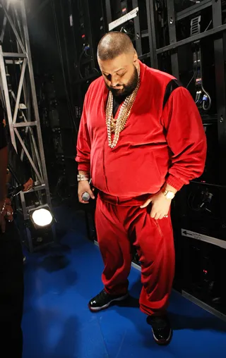 Mellow Moment - DJ Khaled take a moment before he hits the 106 stage. (Photo: Bennett Raglin/BET/Getty Images for BET)