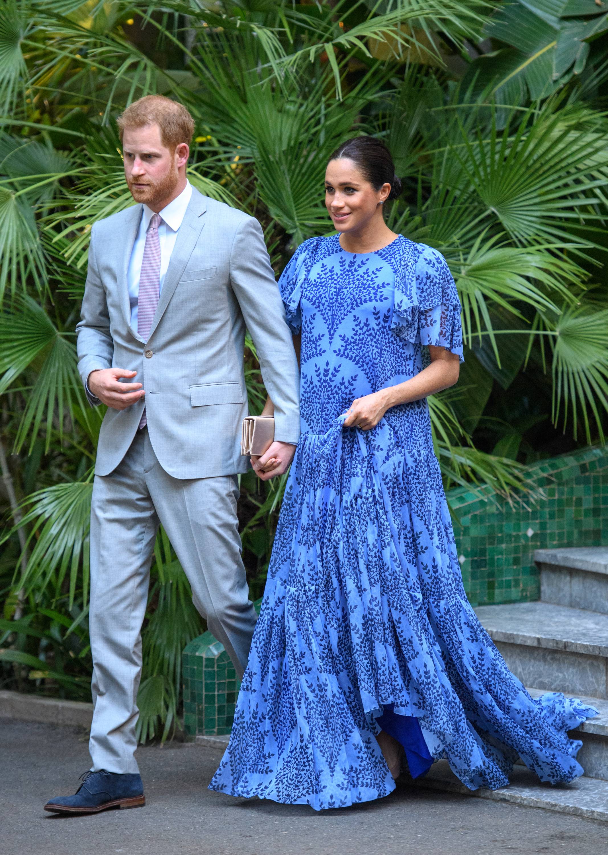 Baby Blue - On the the Duchess of Sussex' last day in Morrocco, she was bumping around with her hubby and visited the crown prince, Mohammed VI, and his family. The pregnant duchess wore a custom Carolina Herrera blue, Morocco-inspired gown ($2,900). Is she hinting to the gender of the next royal baby? (Photo: Tim Rooke/Pool/Samir Hussein/WireImage)