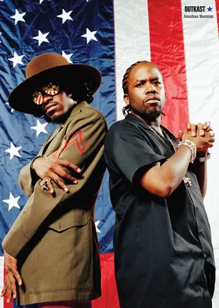 OutKast - OutKast brought the trap to Mars and back, and somehow made it all work. At the frontline of the Dirty South takeover, Big Boi and Dre brought Southern hip hop to new places sonically and geographically, winning over the charts, Middle America and skeptical East Coast and West Coast heads, and setting a course for all Dixie rappers to follow. (Photo:&nbsp; As featured in &quot;Hip Hop - A Cultural Odyssey&quot; by Jonathan Mannion)