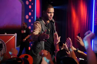 Worth the Wait - J. Cole shaking hands on set at 106 &amp; Park stage. (Photo: Brad Barket/PictureGroup)