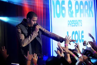 Reach Out and Touch Somebody's Hand - J. Cole giving the crowd a great show on the 106 &amp; Park stage. (Photo: Brad Barket/PictureGroup)