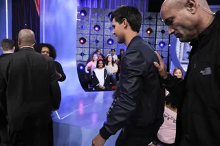 Security - Taylor Lautner is shadowed by his trusted bodyguards at BET's 106 &amp; Park. (Photo: John Ricard / BET)